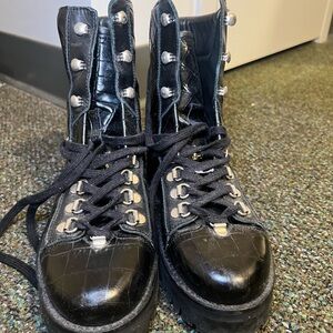 Black Croc-Embossed Lace-Up Boots